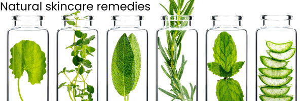 5 clear glass jars containing different herbs