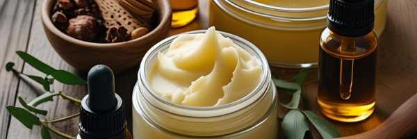 jar of creamy body butter with essential oil bottles