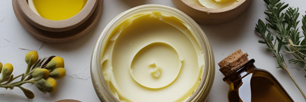 creamy face cream in a glass jar with oils and herbs surrounding it