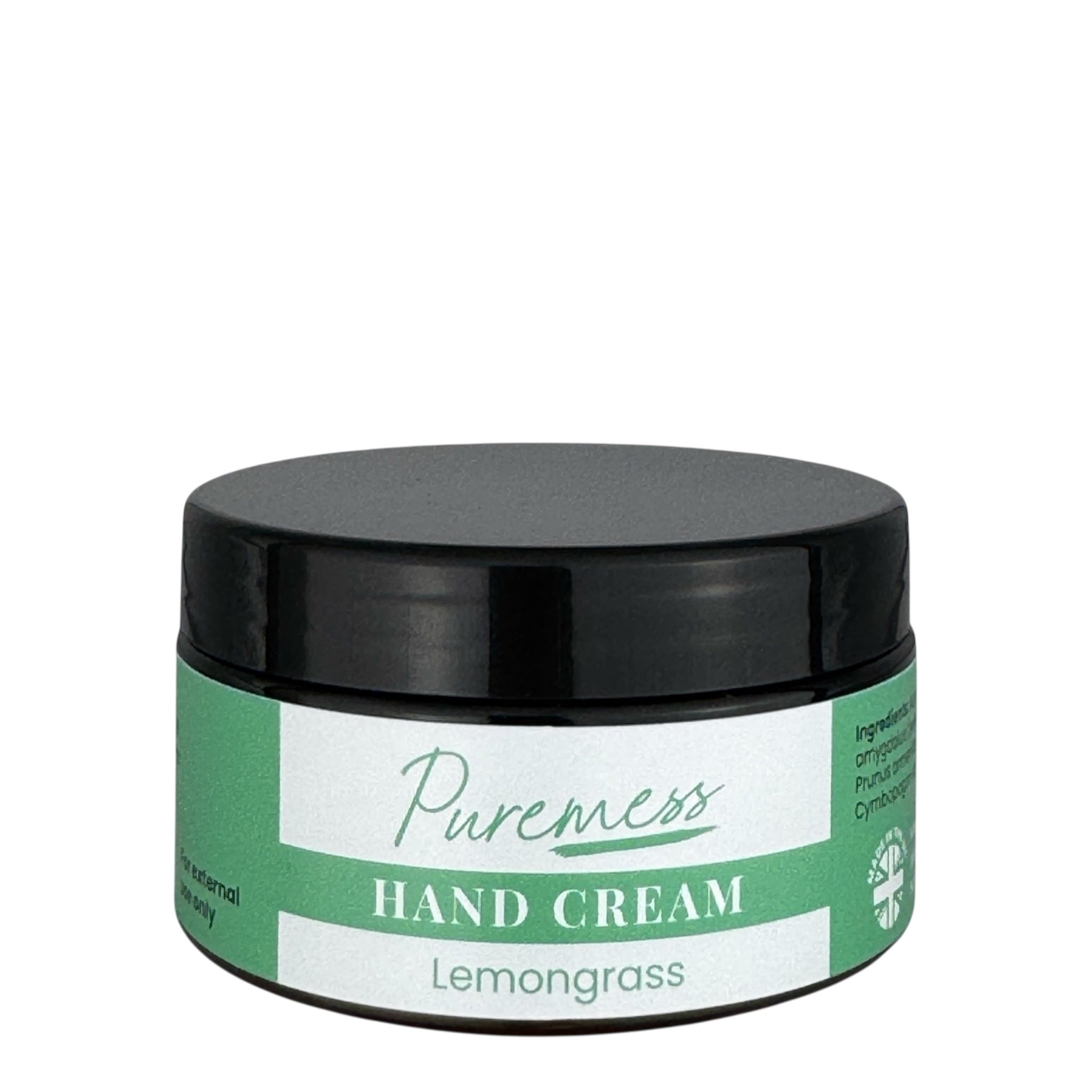 Lemongrass hand cream jar with black lid, natural body skincare by Puremess, clean beauty UK. - PUREMESS SKINCARE - Lemongrass Hand Cream