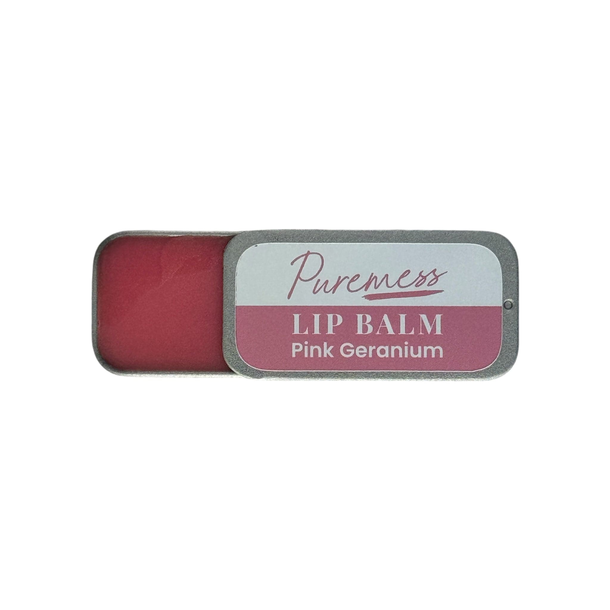 Pink Geranium lip balm in eco-friendly metal tin with sustainable packaging, Puremess natural skincare handcrafted in the UK . - Pink Geranium Lip Balm - PUREMESS SKINCARE