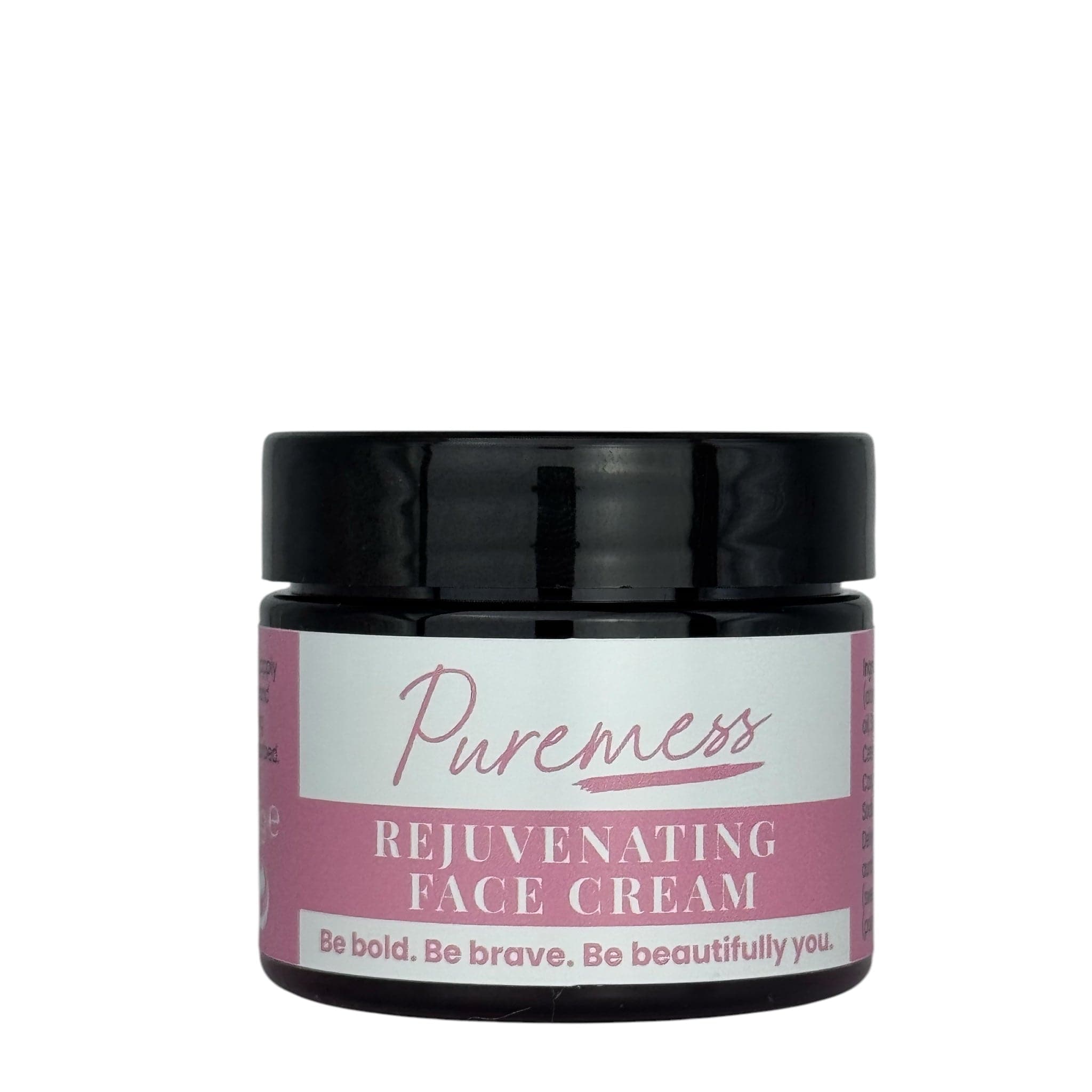 Small glass jar with black lid, pink and white label reading Puremess Rejuvenating Face Cream. - Rejuvenating Face Cream