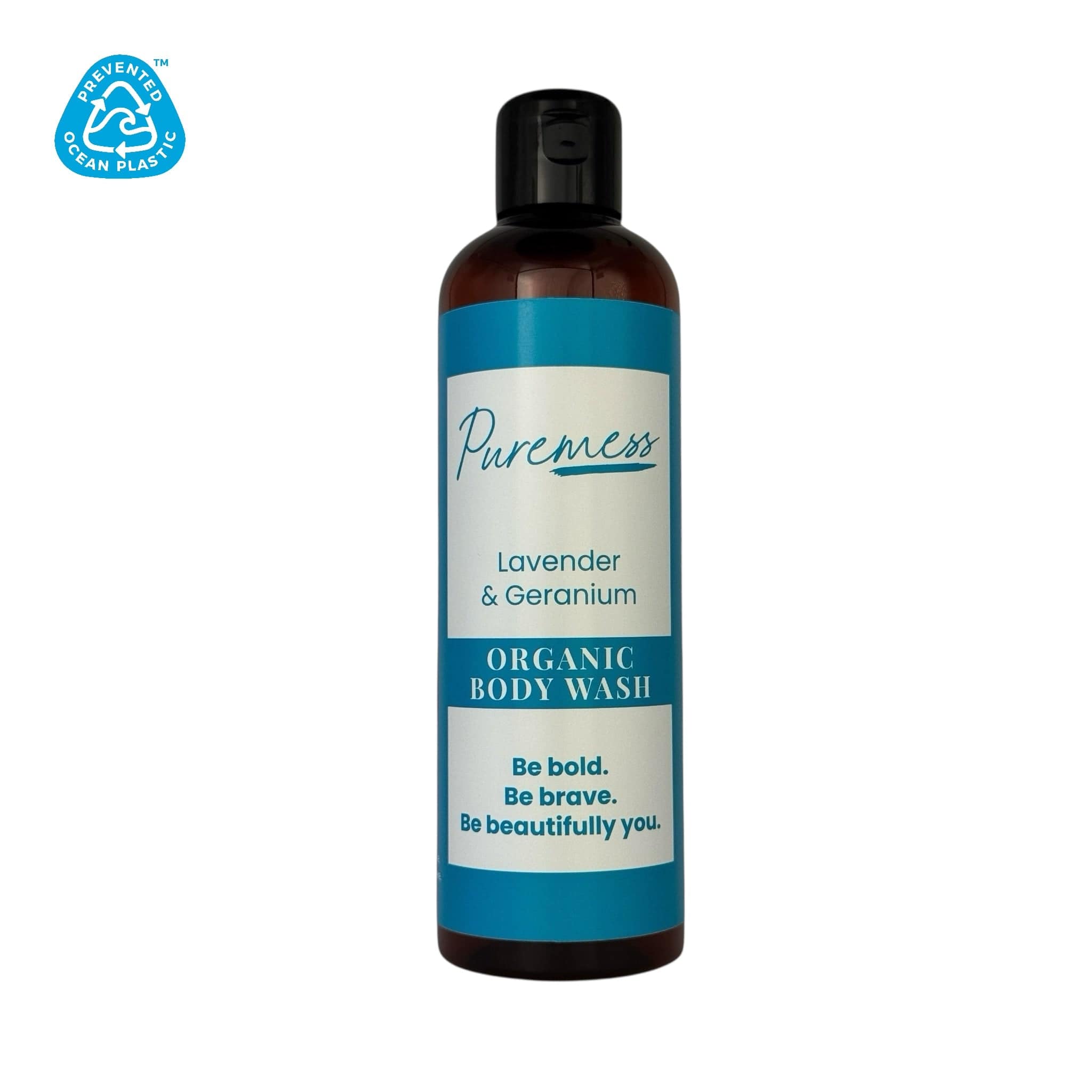 Puremess Lavender & Geranium organic body wash bottle with clean beauty UK label and sustainable skincare logo. - PUREMESS SKINCARE - Lavender & Geranium Organic Body Wash