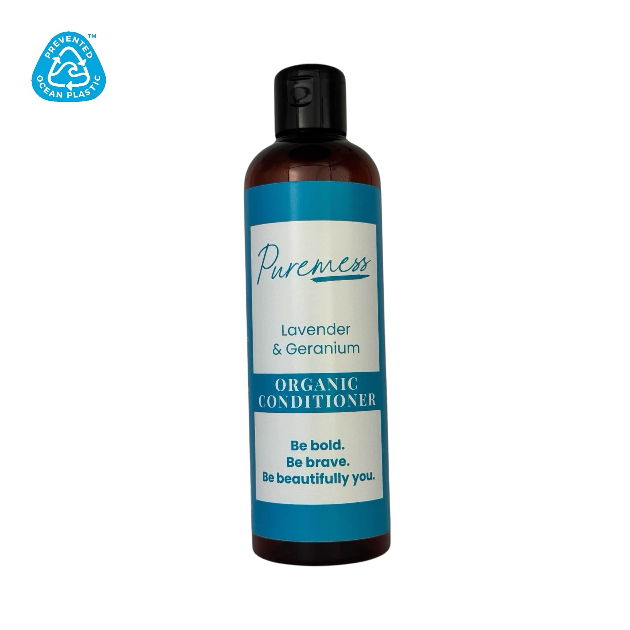 Lavender & Geranium organic conditioner with botanical ingredients in eco-friendly beauty packaging, handmade in the UK by. - Lavender & Geranium Organic Conditioner - PUREMESS SKINCARE