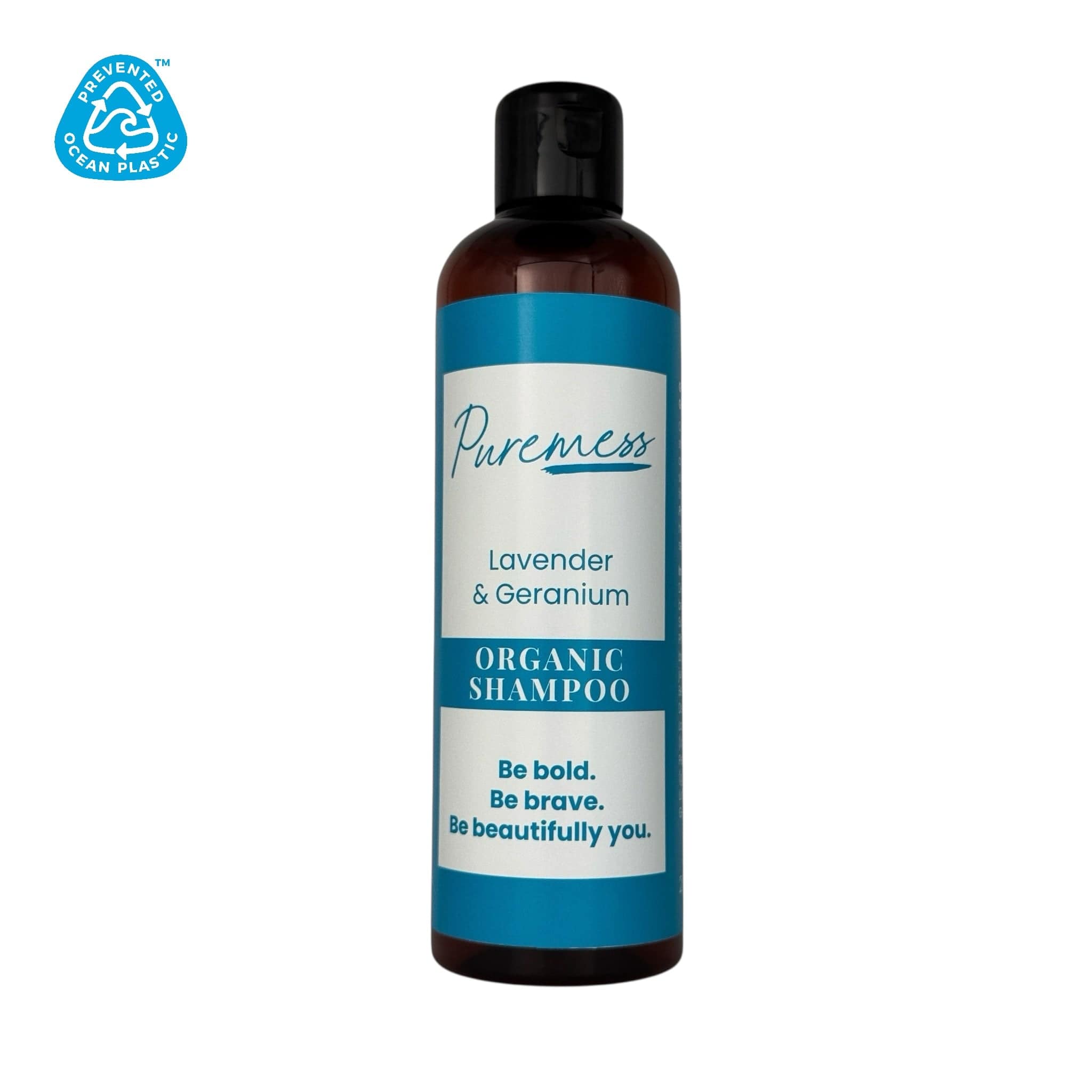 Brown plastic bottle with black flip cap, labeled Puremes Lavender & Geranium Organic Shampoo in blue and white design. - Lavender & Geranium Organic Shampoo