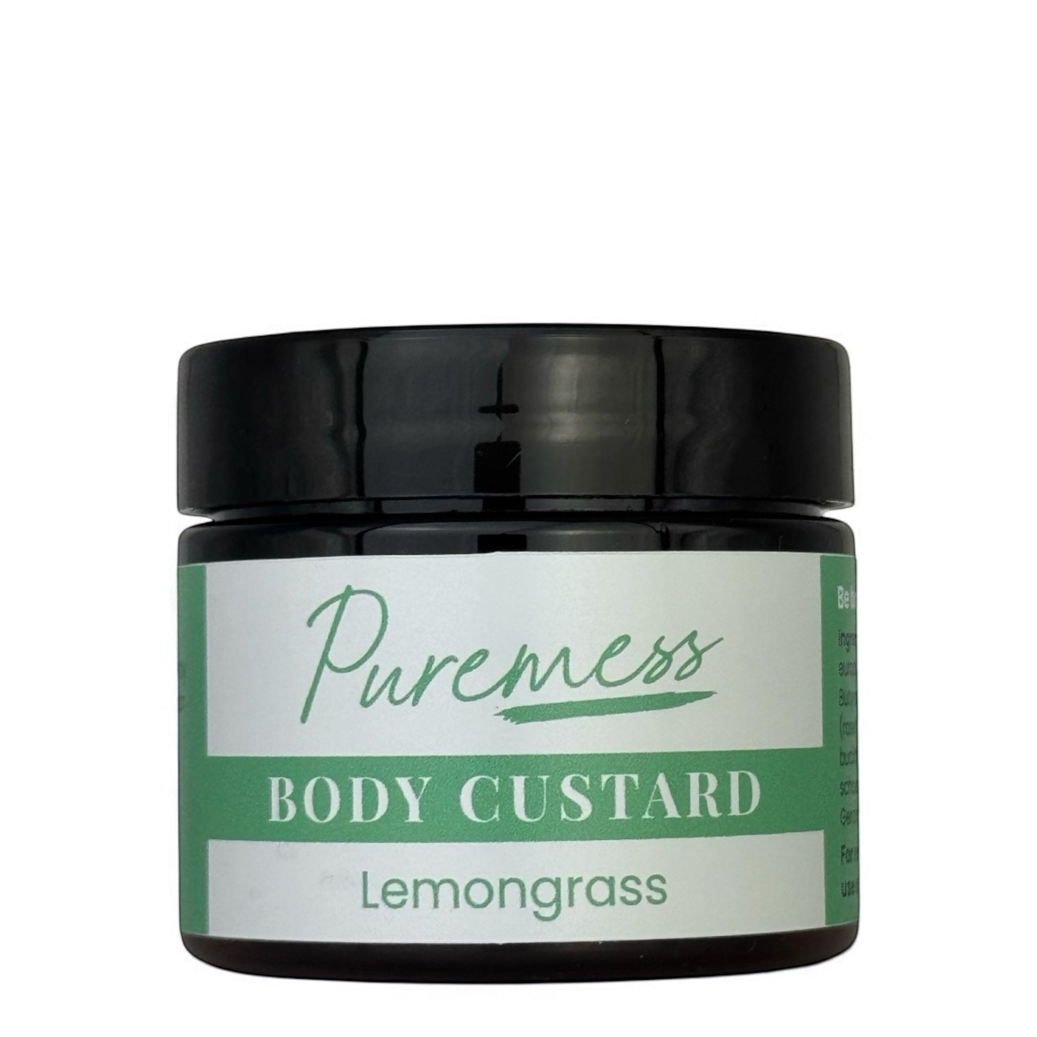 Dark amber container with green and white label reading Puremess Body Custard Lemongrass, highlighting natural skincare,. - Lemongrass Body Custard - PUREMESS SKINCARE
