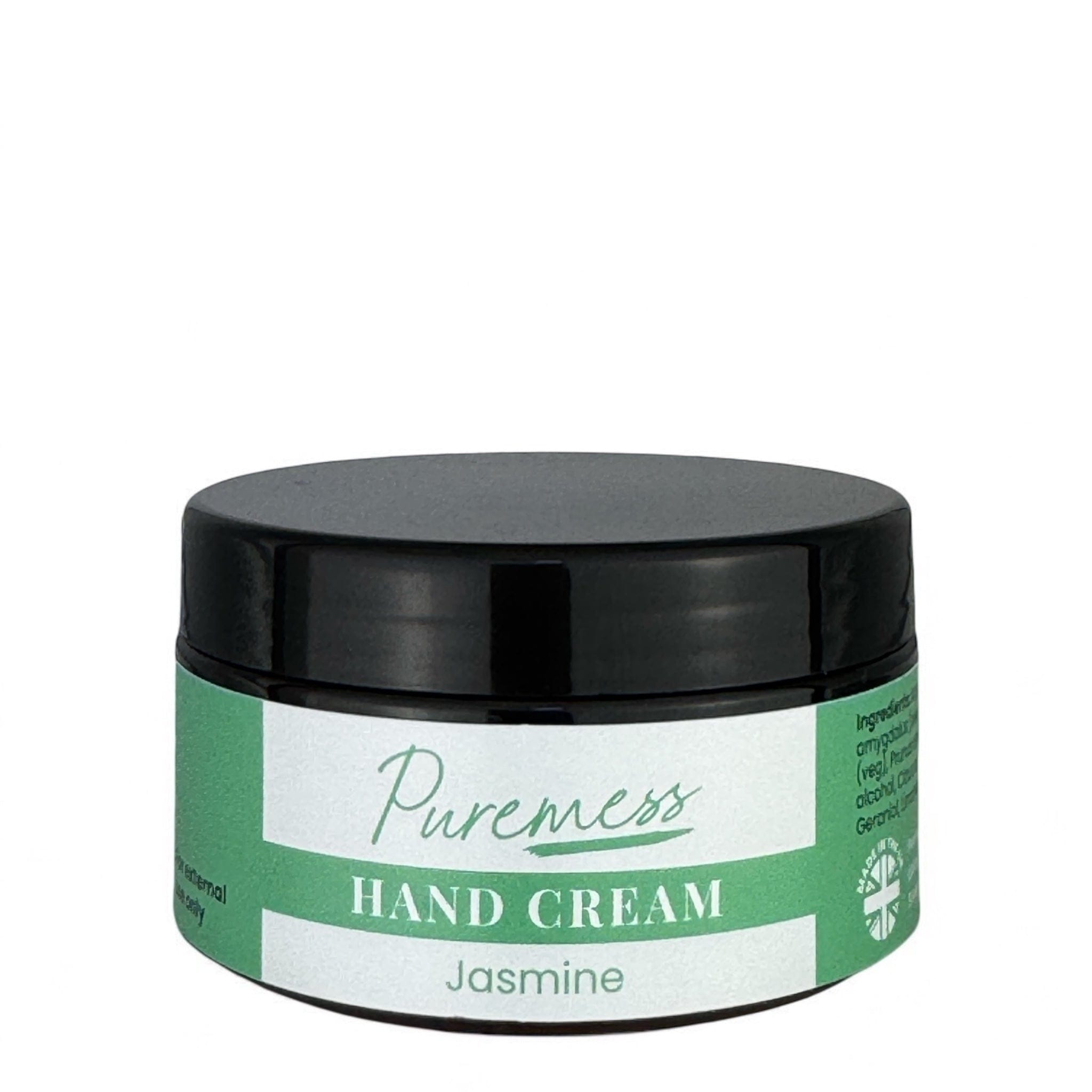 Puremess Jasmine hand cream in green and white container with black lid, natural skincare with botanical ingredients,. - Jasmine Hand Cream - PUREMESS SKINCARE