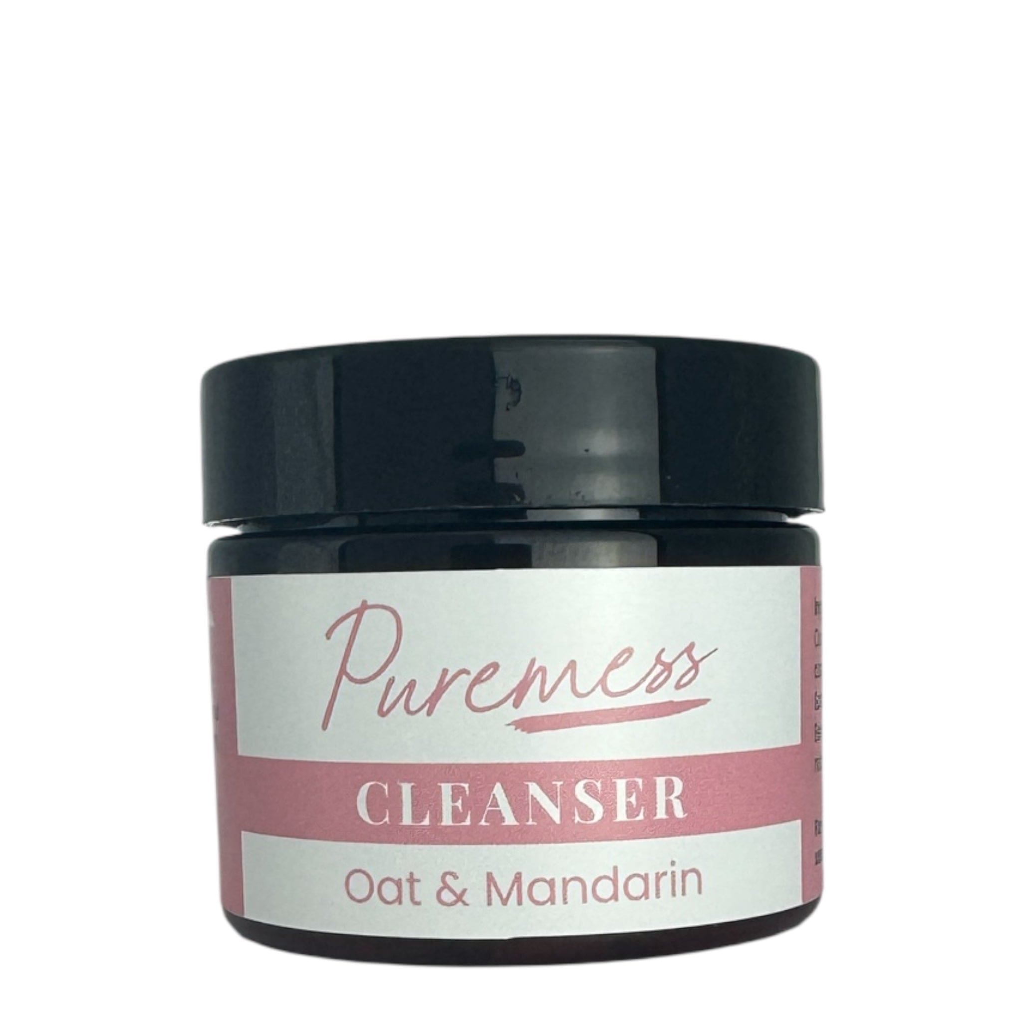 Puremess Oat & Mandarin Cleanser in dark jar with pink and white label highlighting natural skincare, botanical ingredients, . - Oat & Mandarin Cleanser - PUREMESS SKINCARE