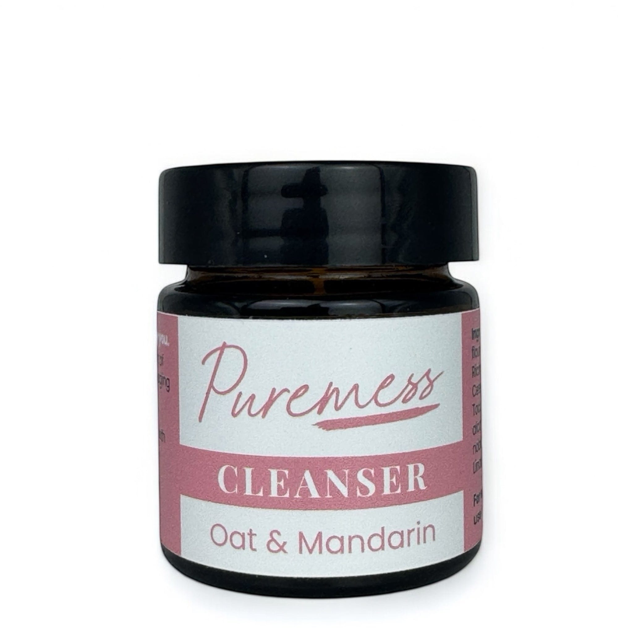 Dark amber container with black lid labeled Puremess Oat & Mandarin Cleanser featuring natural skincare, botanical. - Oat Mandarin Cleanser - PUREMESS SKINCARE