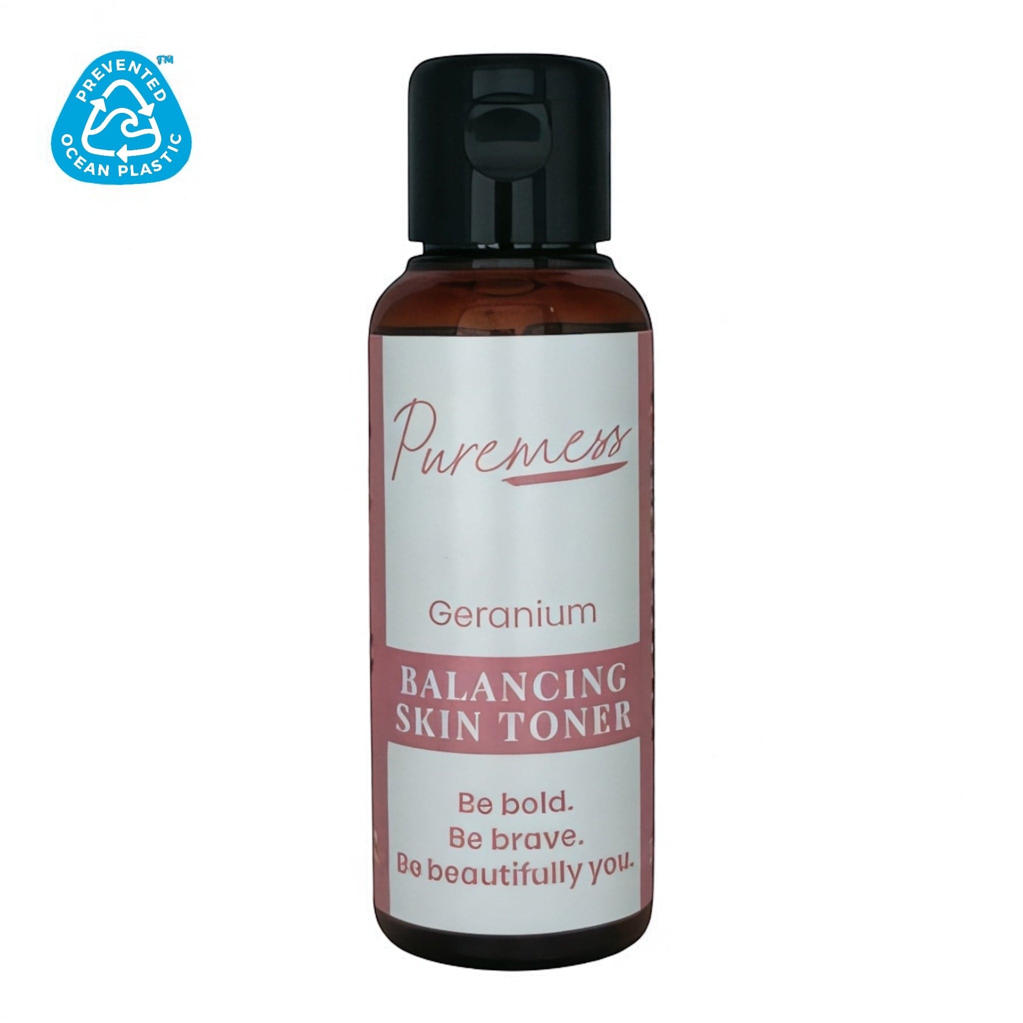 Amber container with black cap labeled Puremess Geranium Balancing Skin Toner with sustainable packaging badge, natural. - Balancing Skin Toner - PUREMESS SKINCARE