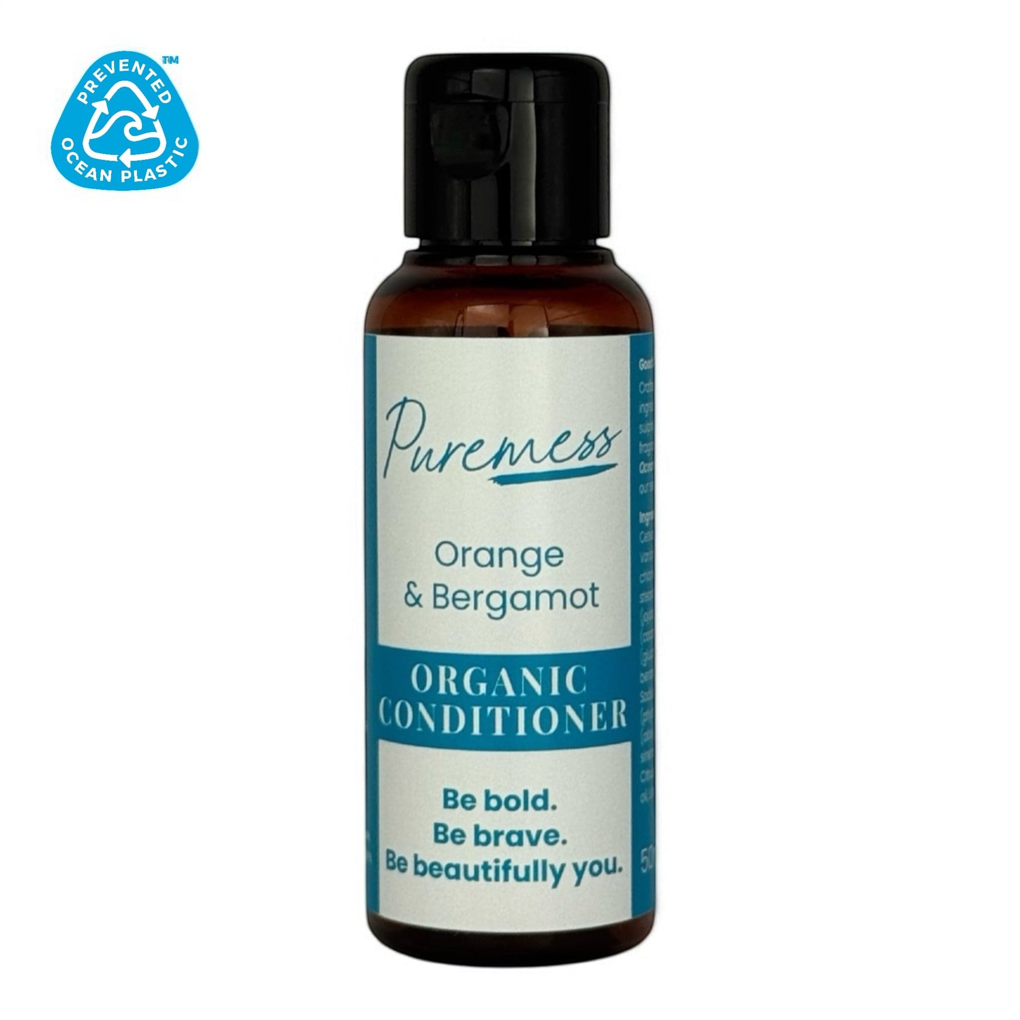 Amber container with black flip cap labeled Puremess Orange & Bergamot Organic Conditioner, sustainable packaging with. - Orange & Bergamot Conditioner - PUREMESS SKINCARE