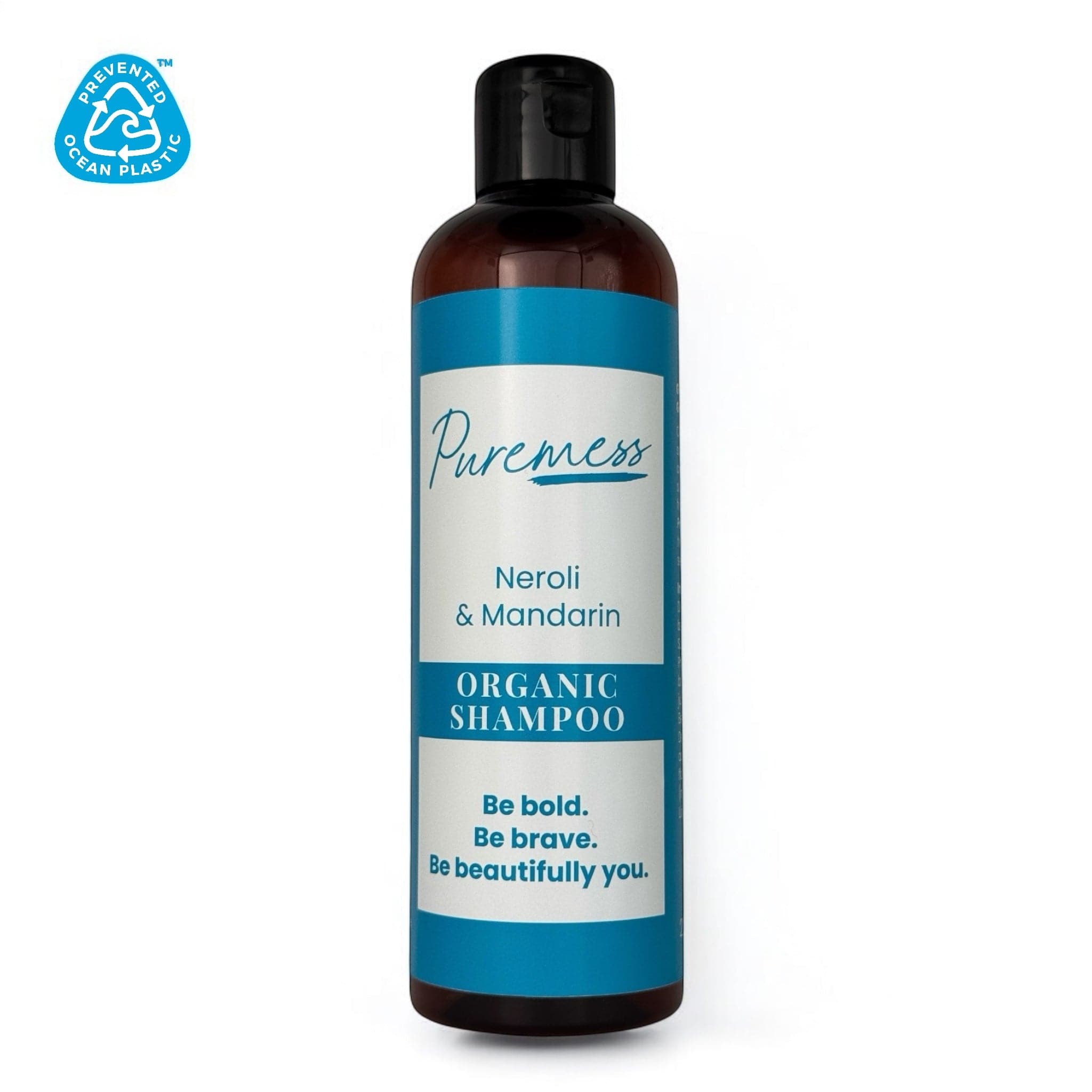 Dark amber container with blue and white label for Puremess Neroli & Mandarin organic shampoo, highlighting natural. - Neroli & Mandarin Organic Shampoo - PUREMESS SKINCARE