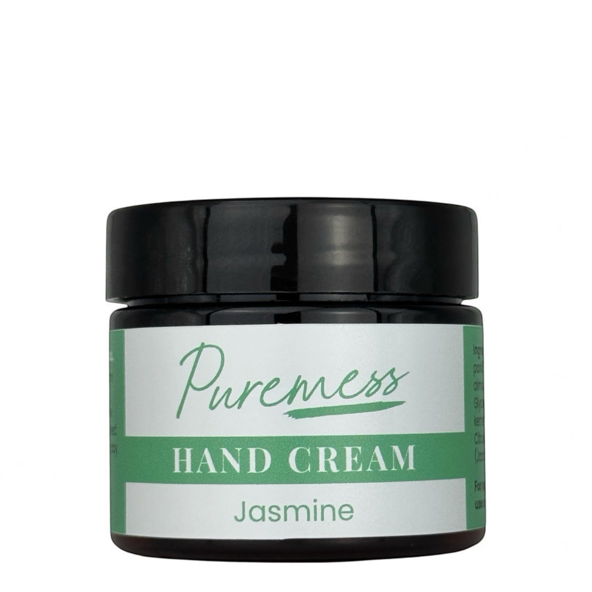 Dark green jar with black lid labeled Puremess Jasmine Hand Cream highlighting natural skincare, botanical ingredients, and. - Jasmine Hand Cream - PUREMESS SKINCARE