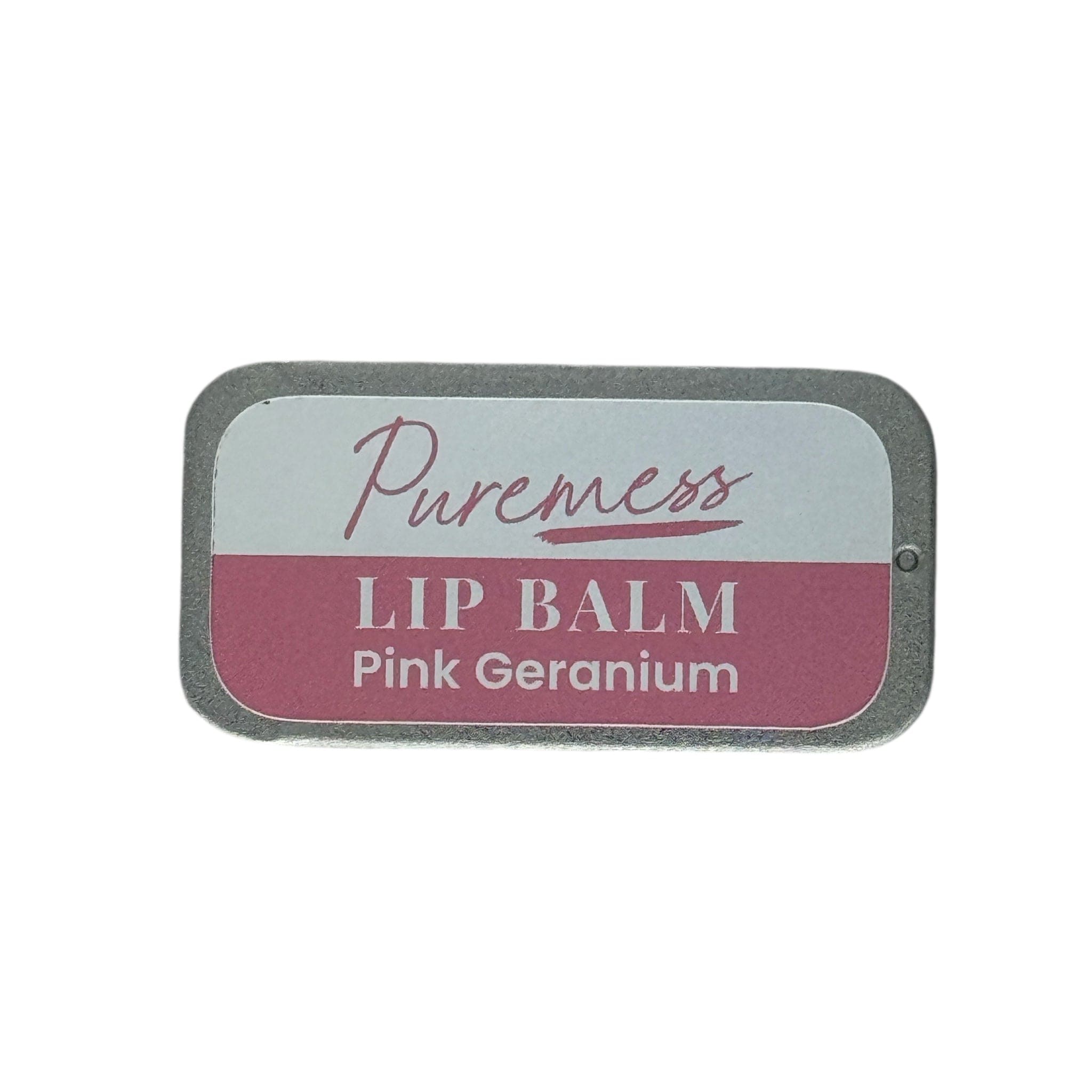 Small rectangular tin with Puremess Pink Geranium lip balm label highlighting natural skincare and handmade in the UK with. - Pink Geranium Lip Balm - PUREMESS SKINCARE