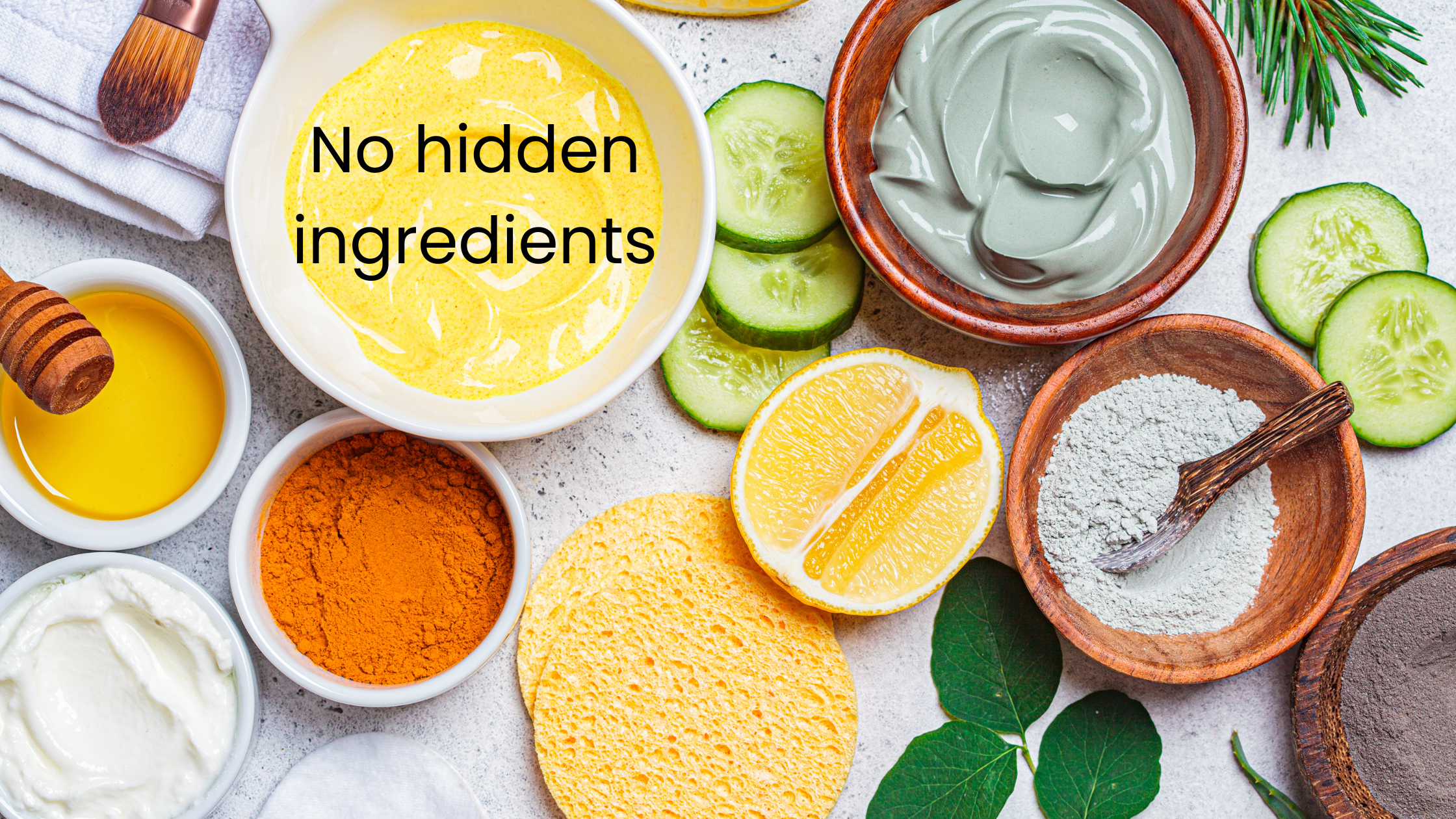a few small bowls containing natural skincare ingredients, like honey, clays, cucumber, lemons