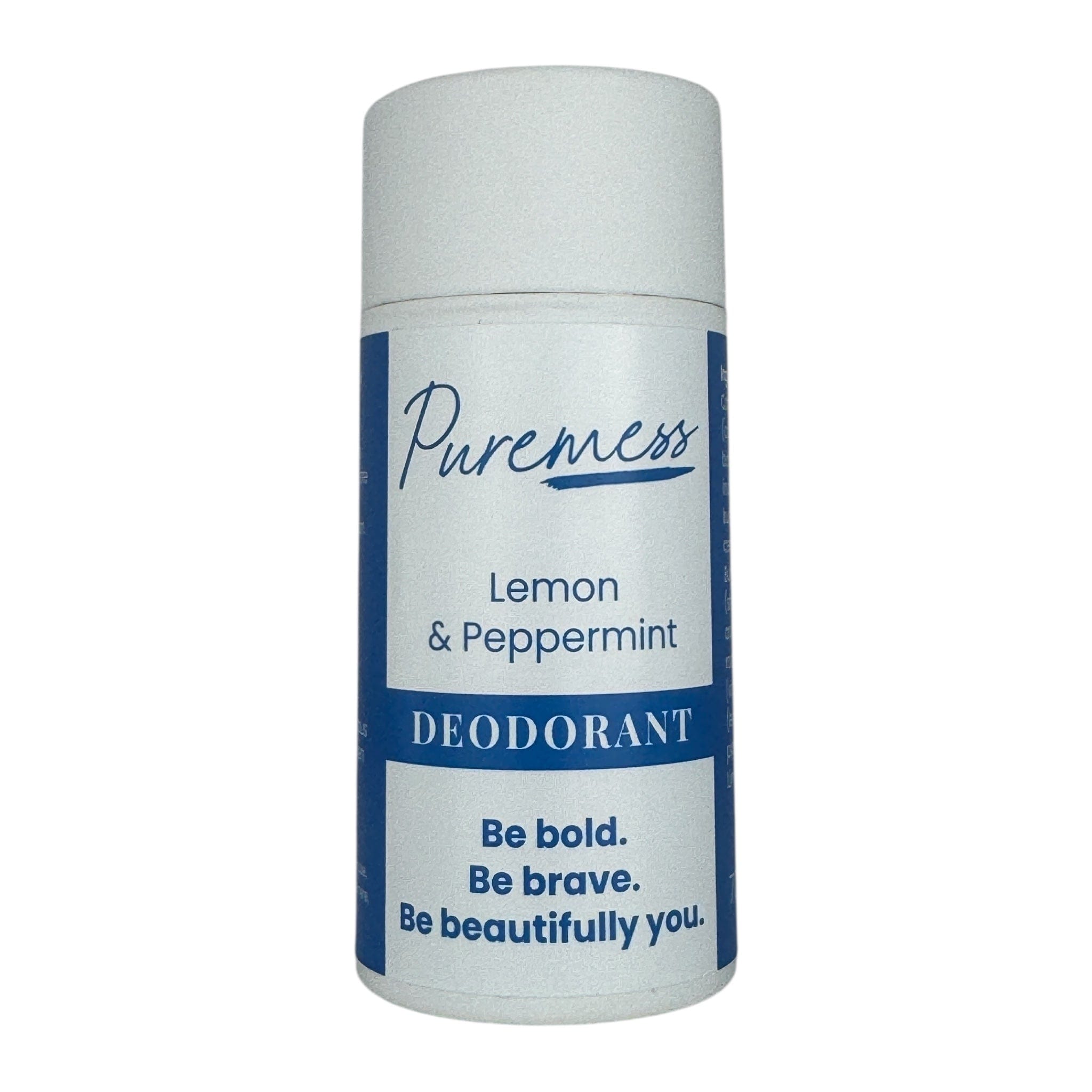 White cylindrical deodorant stick with blue labels, featuring Pureness branding and Lemon & Peppermint scent. - MENS Lemon & Peppermint Vegan Deodorant