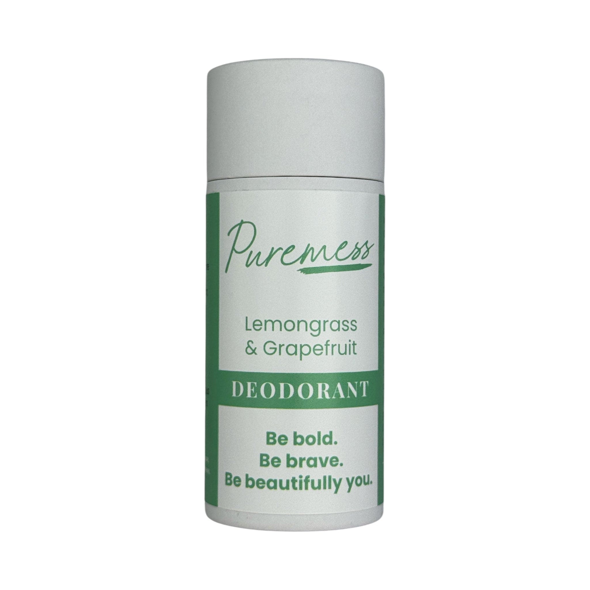 White cylindrical deodorant stick with green label featuring "Lemongrass & Grapefruit" and motivational text on a matte. - Lemongrass & Grapefruit Vegan Deodorant