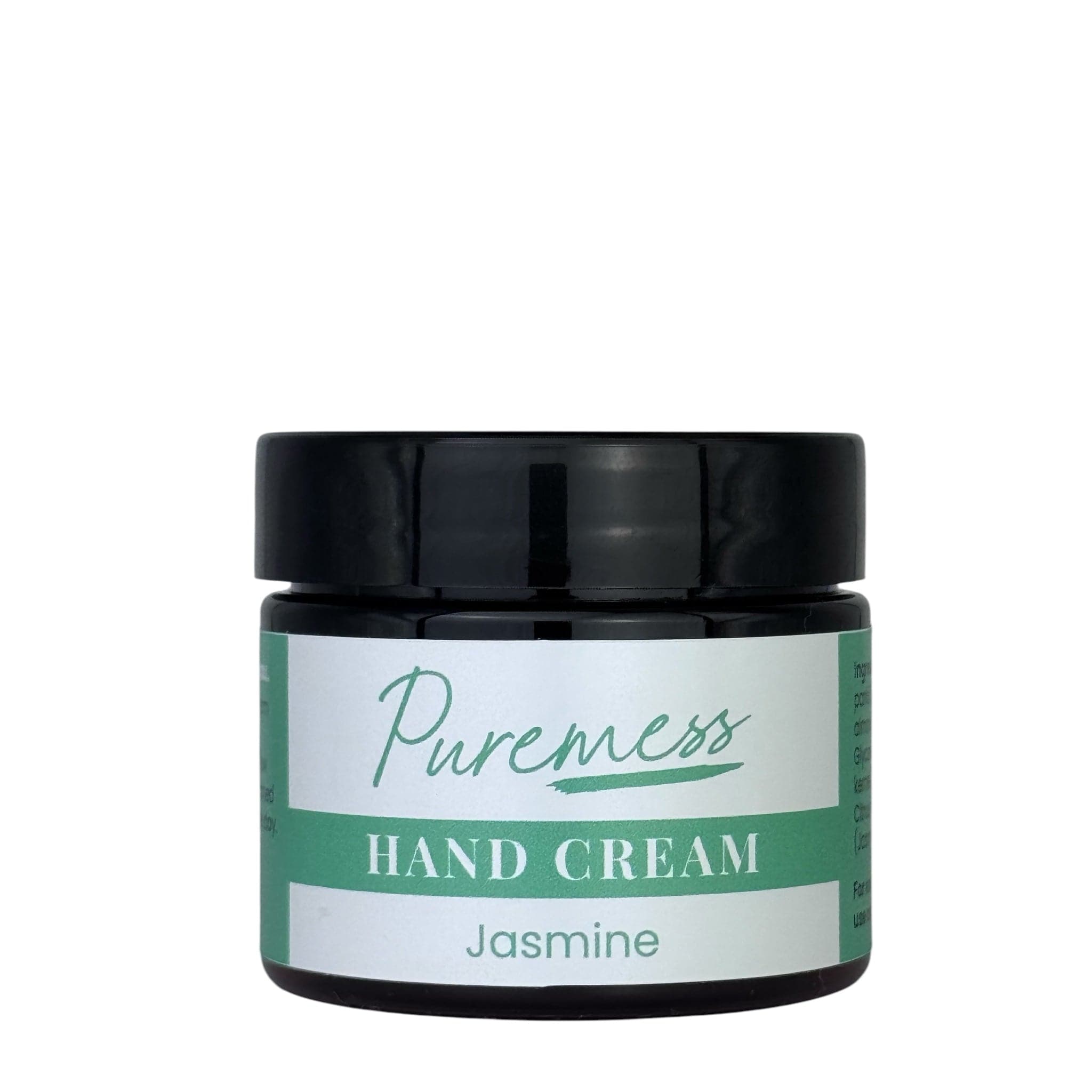 Small dark amber glass jar with black screw lid, labeled Puremess Jasmine hand cream in green and white design. - Hand Cream Jasmine 50g