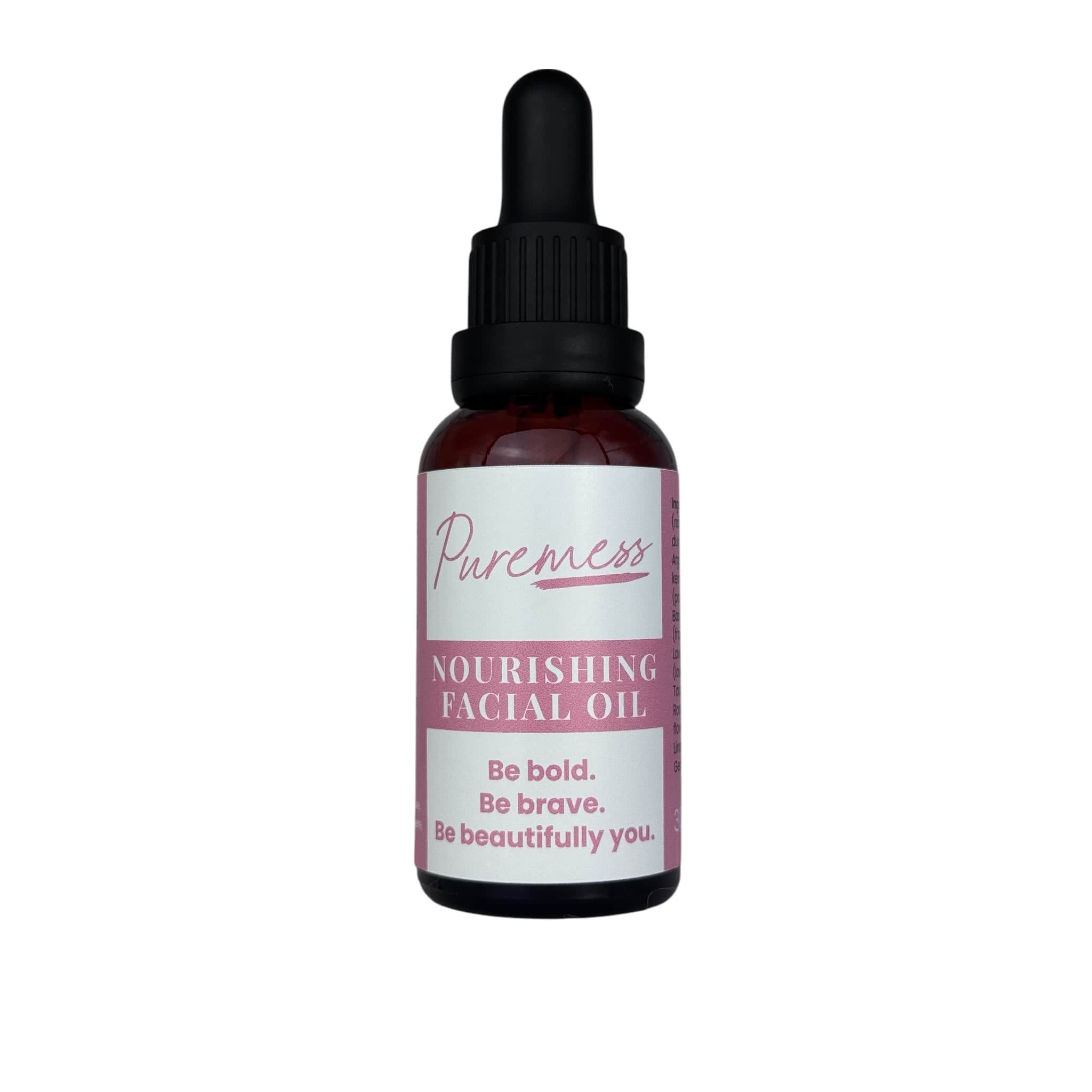 Amber glass dropper bottle with black cap labeled Purcness Nourishing Facial Oil in soft pink and white design. - Nourishing Facial Oil