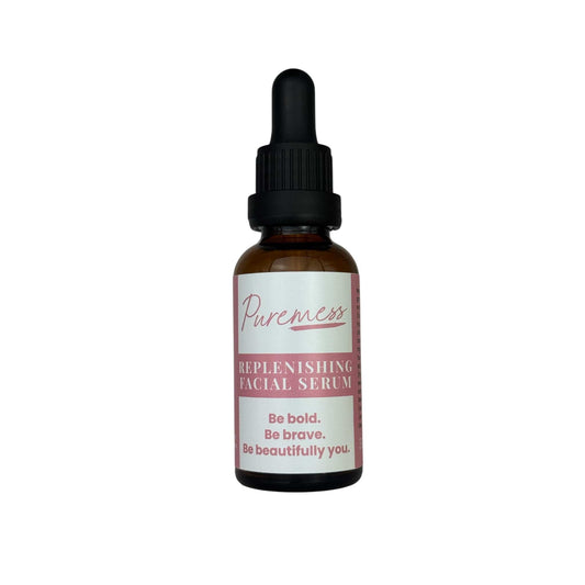 Amber dropper with Puremess label for natural skincare, eco-friendly beauty, and botanical ingredients. - Replenishing Facial Serum - PUREMESS SKINCARE
