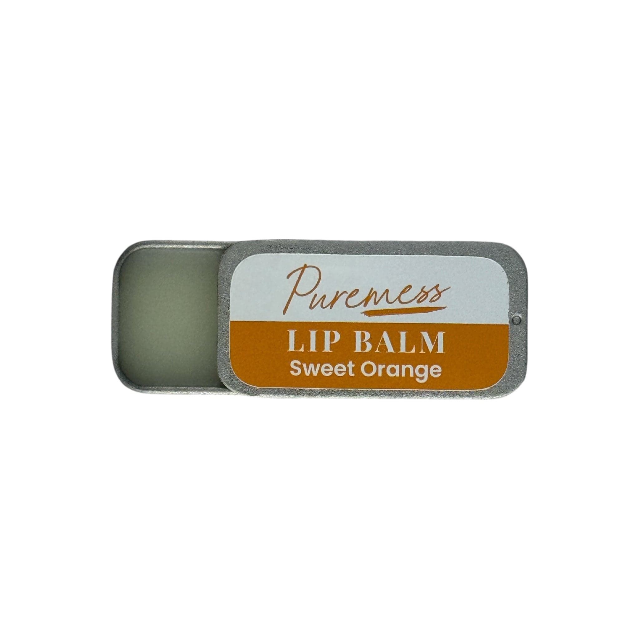 Rectangular metal tin with sliding lid, labeled "Sweet Orange Lip Balm" in orange and white, containing pale green balm. - Sweet Orange Lip Balm