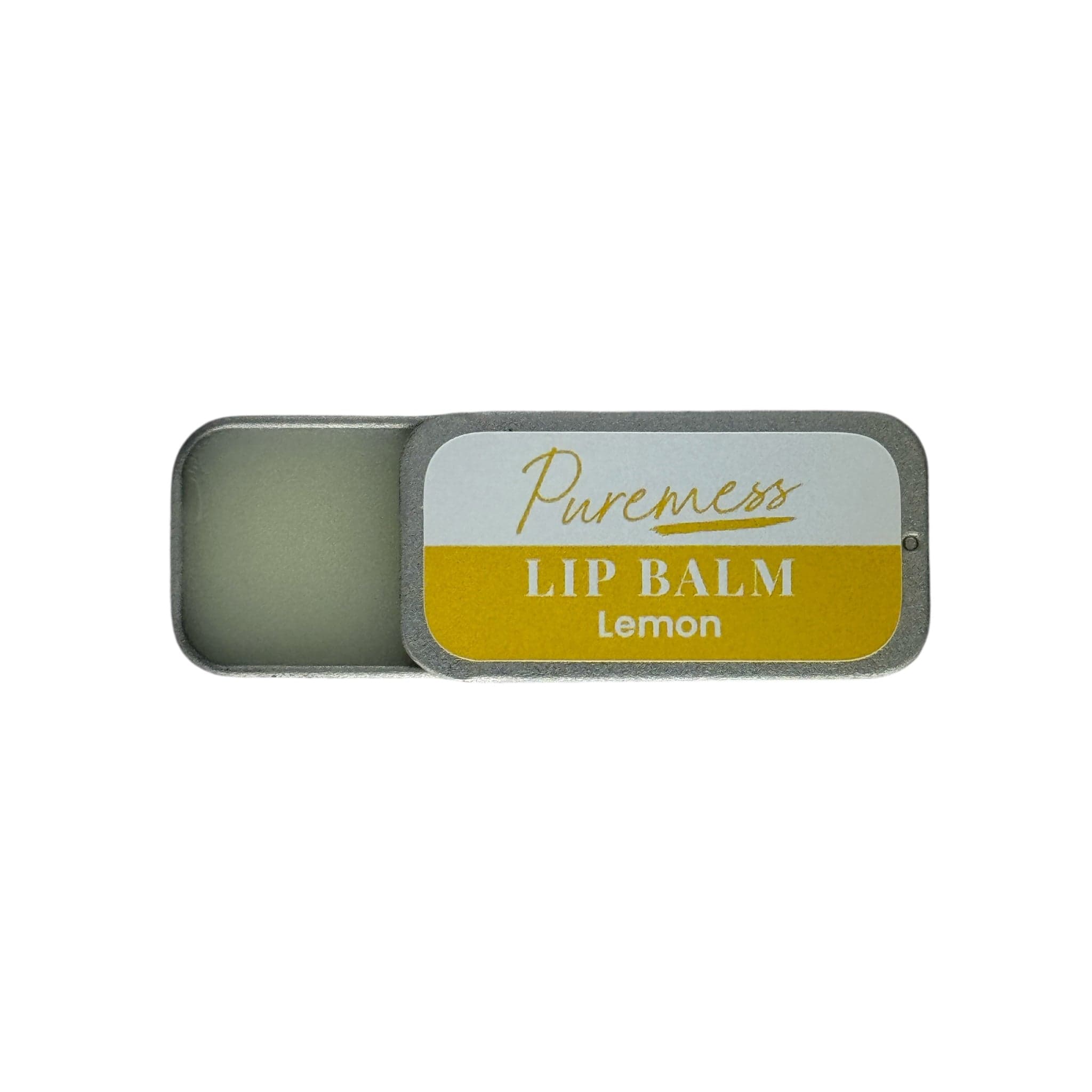 Rectangular metal tin with sliding lid, labeled "Puremess Lip Balm Lemon," containing pale yellow balm inside. - Lemon Lip Balm