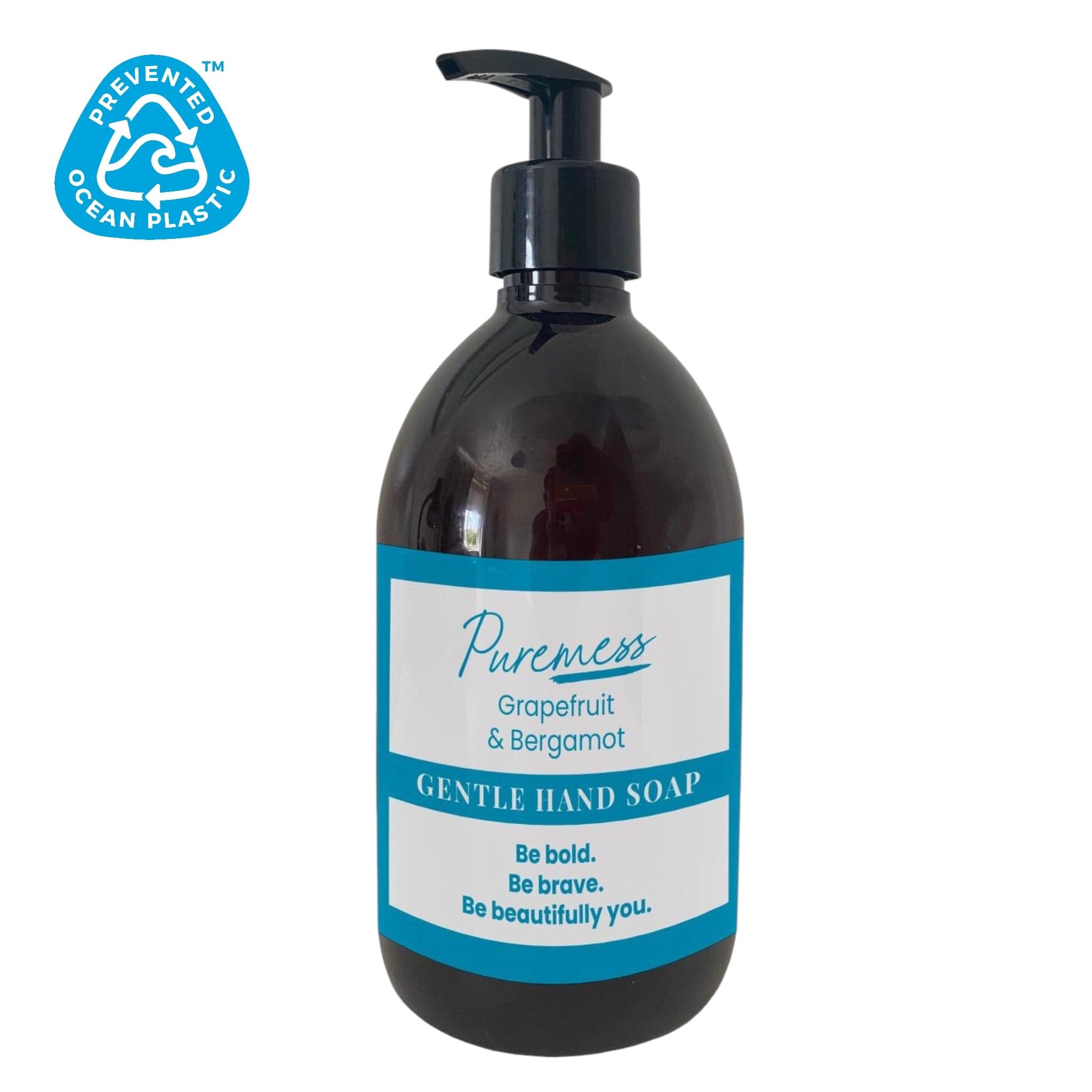 Amber plastic pump bottle of gentle liquid hand soap with blue and white label featuring grapefruit and bergamot scent. - Gentle Liquid Hand Soap – SLS & SLES Free 500ml
