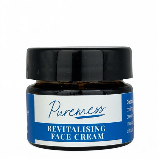 Dark amber jar with black lid featuring Puremess branding and blue label highlighting revitalising face cream for natural. - Men's Revitalising Face Cream - PUREMESS SKINCARE