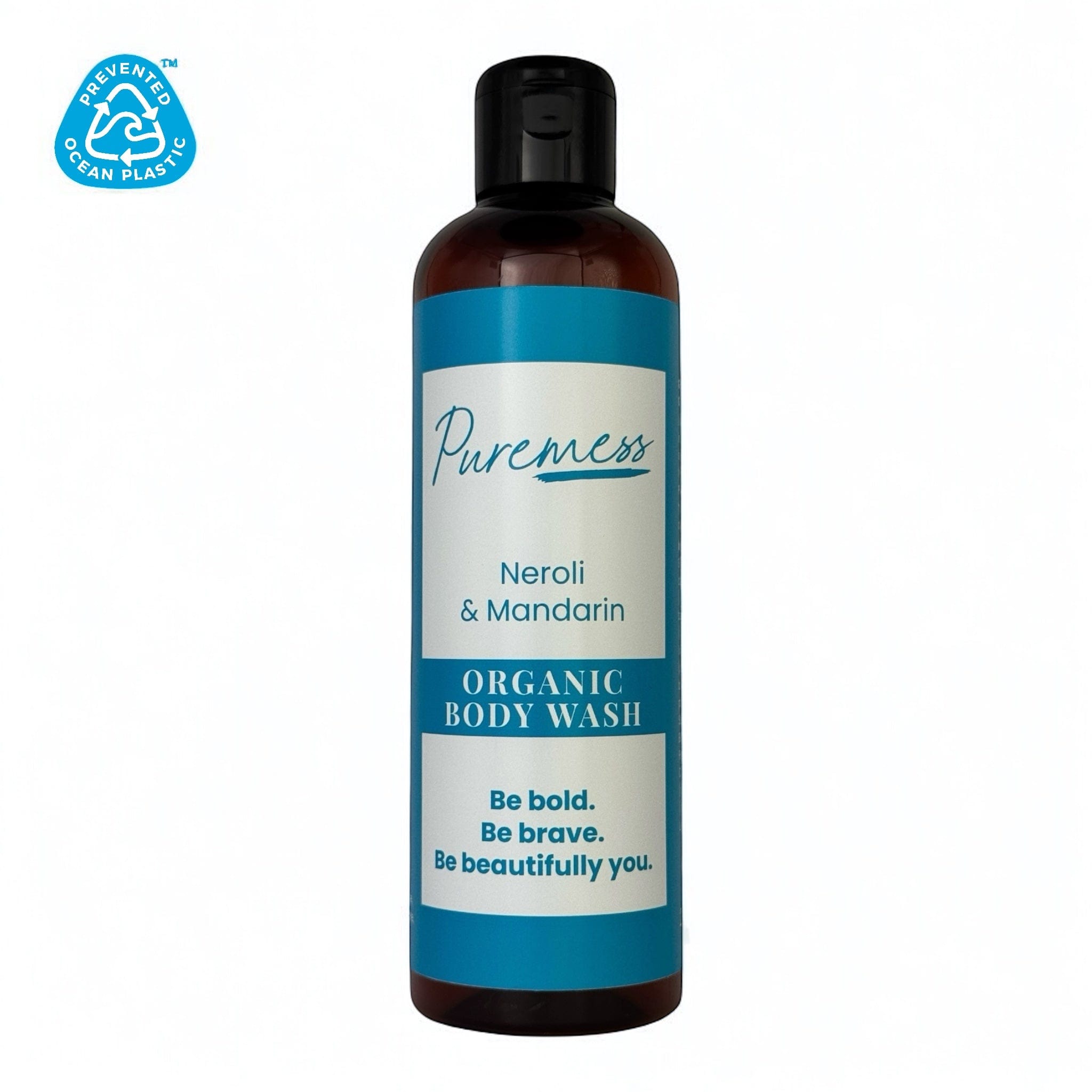 Puremess Neroli & Mandarin organic body wash in dark amber bottle, clean beauty UK, natural body skincare, sustainable. - PUREMESS SKINCARE - Neroli & Mandarin Organic Body Wash