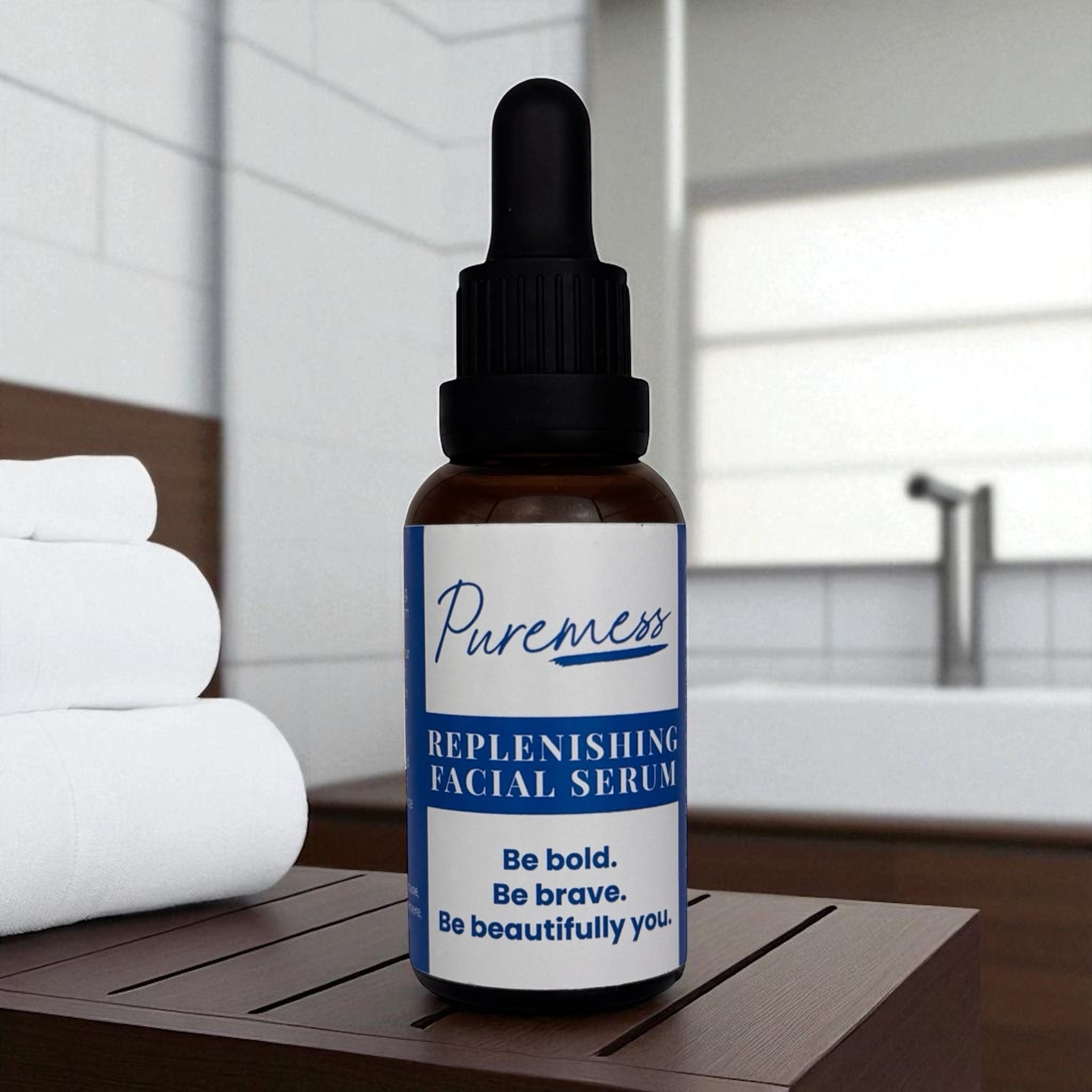 Amber glass dropper bottle with black cap and blue-white label for men's replenishing facial serum. - Replenishing Facial Serum (MEN'S)