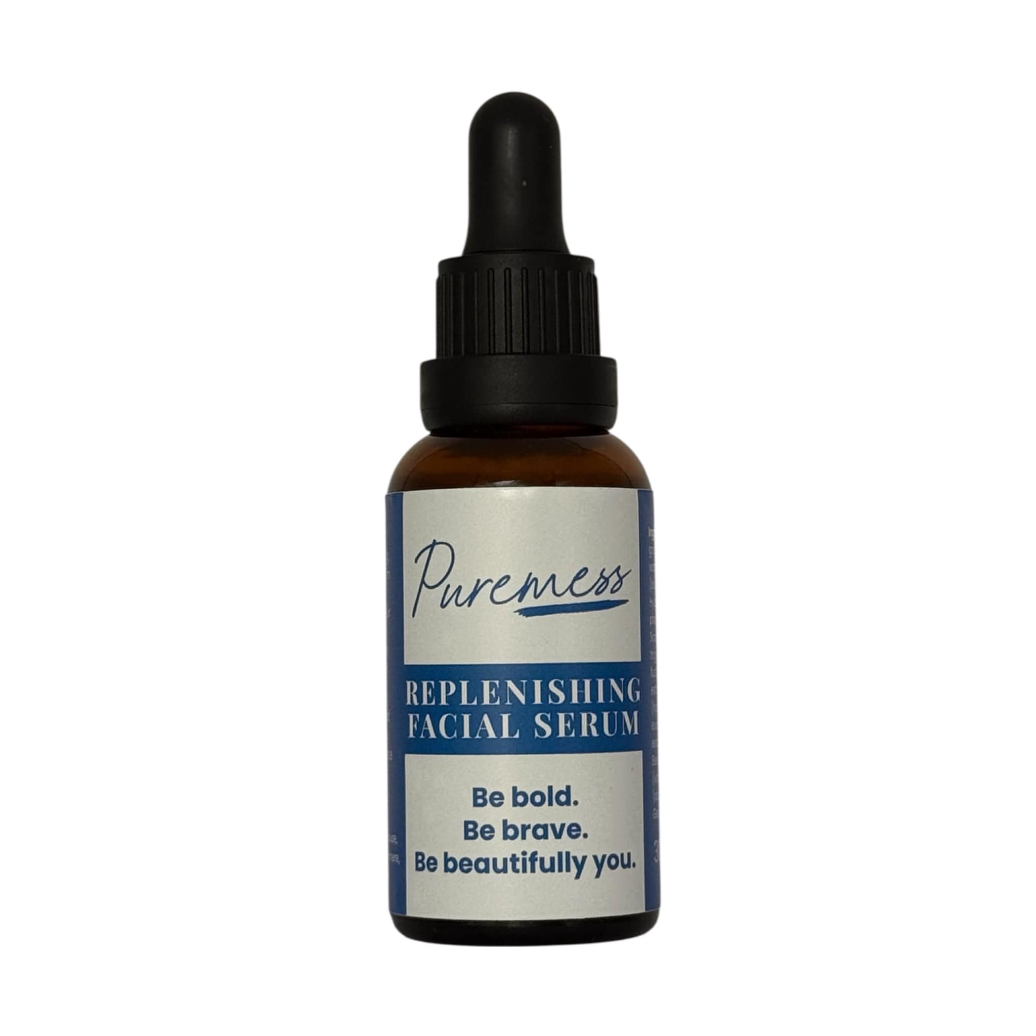 Amber glass dropper bottle with black cap and blue label reading "Replenishing Facial Serum" for men's skincare. - Replenishing Facial Serum (MEN'S)