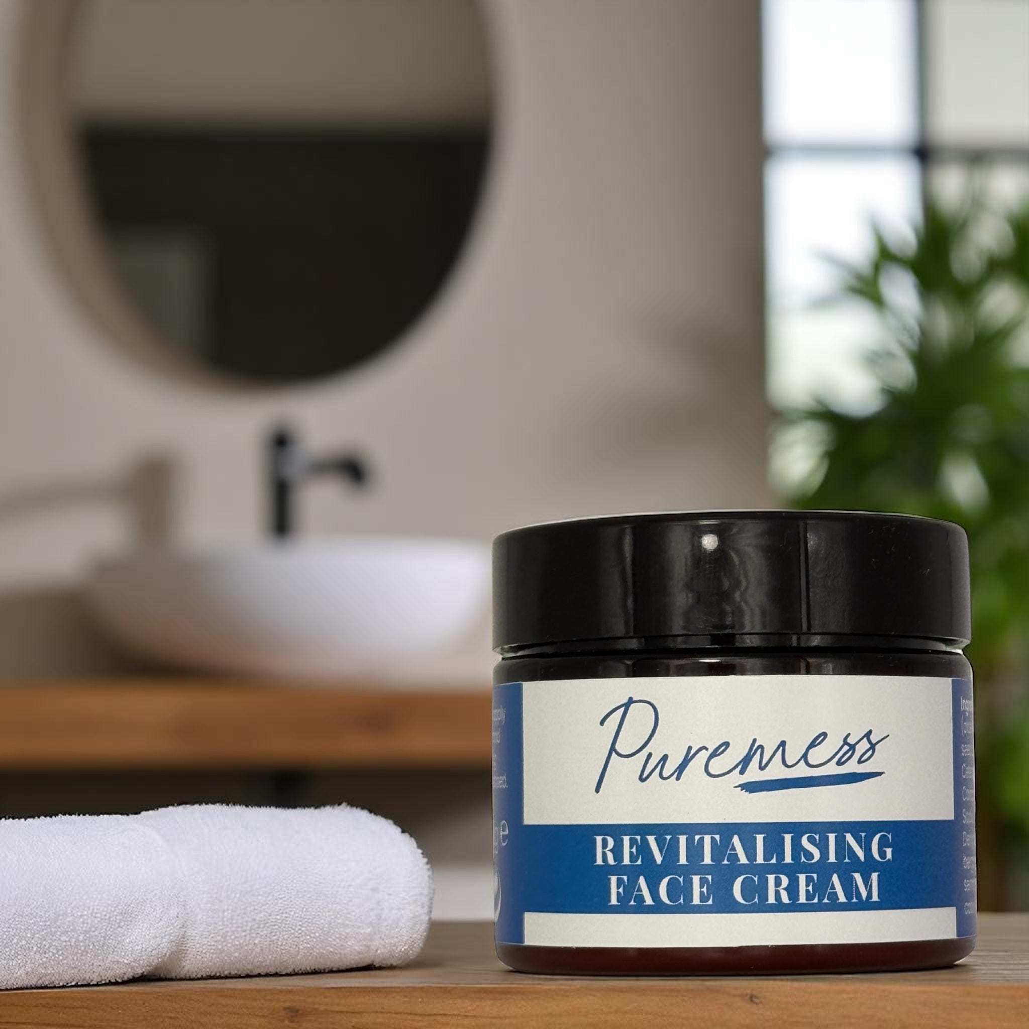 Pet jar of Pureness Revitalising Face Cream with black lid, sustainable skincare UK and eco-friendly skincare packaging. - Revitalising Face Cream