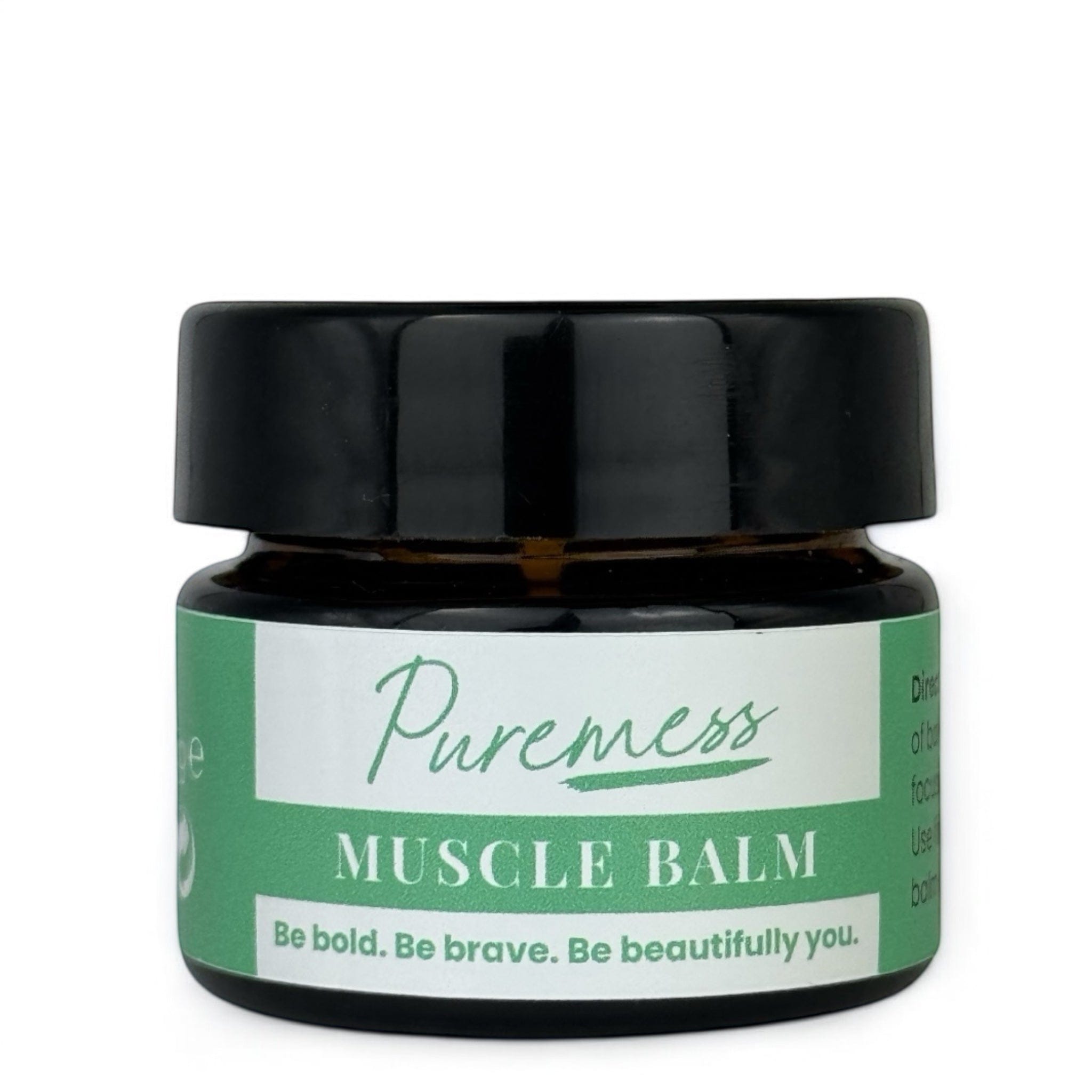 Amber glass jar with black screw lid, green and white label reading "Puremess Muscle Balm". - Muscle Balm 15g